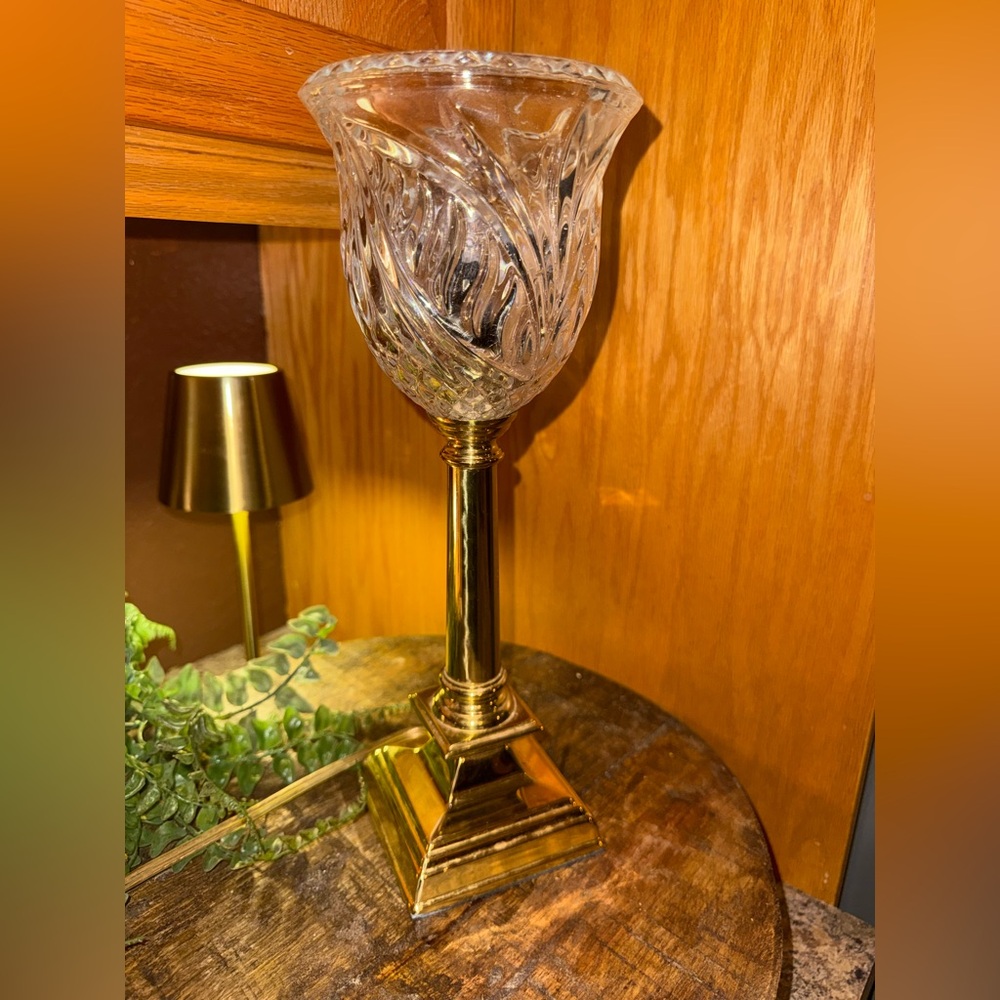 Vintage Excelsior Brass Torchiere Table Lamp Flute Crystal Glass Shade 13.5”